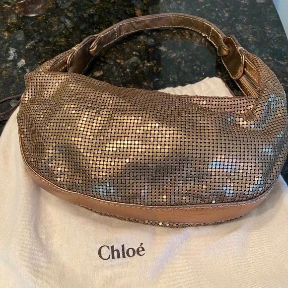 CHLOÉ Bronze Chainmail Shoulder Bag w/ Leather Trim - Picture 1 of 6